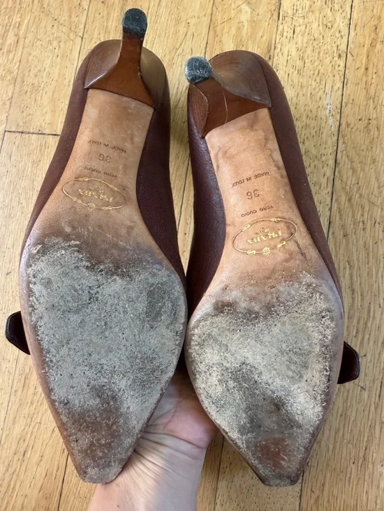 Prada Brown Pointed Toe Leather Buckle Pumps - Picture 5 of 5